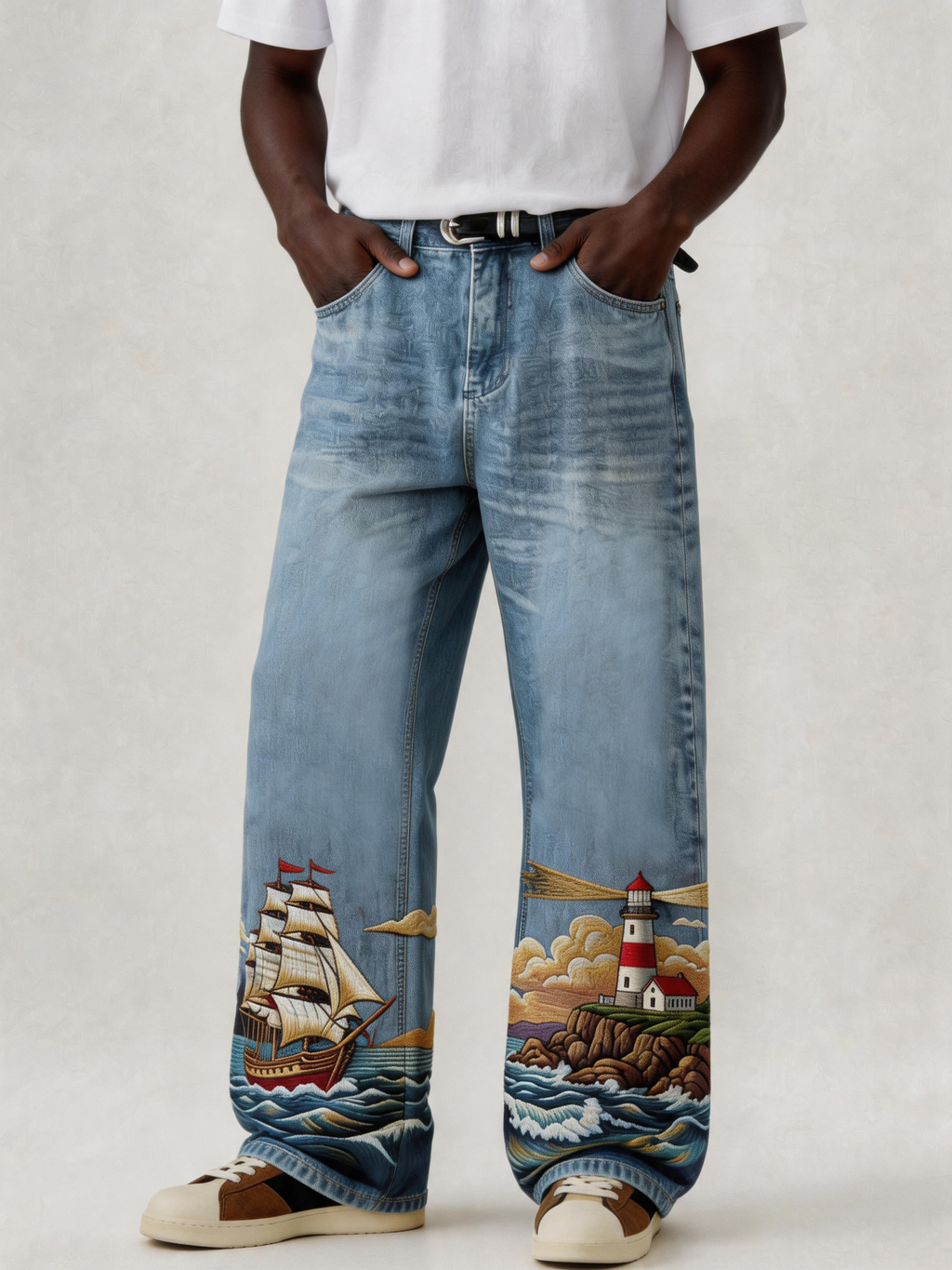 Boat & Pharos Embroidery Denim