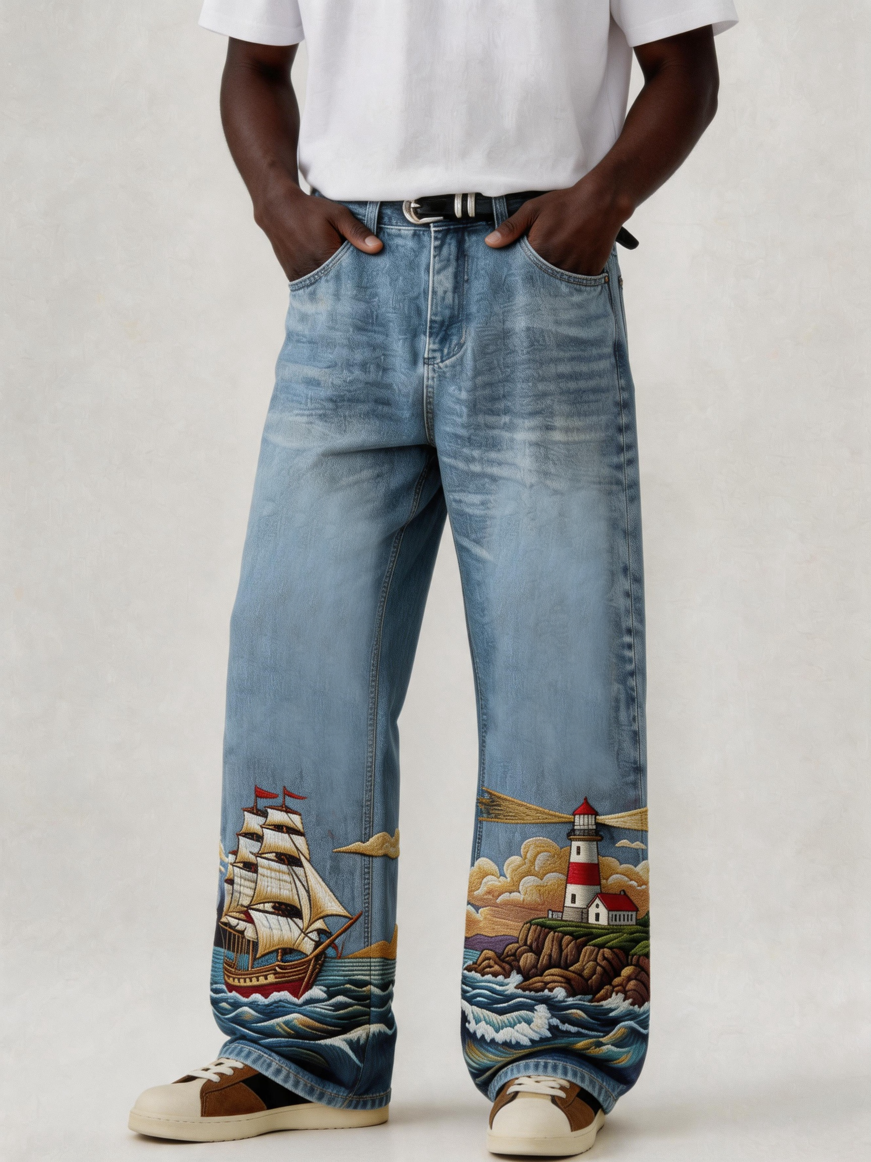 Boat & Pharos Embroidery Denim
