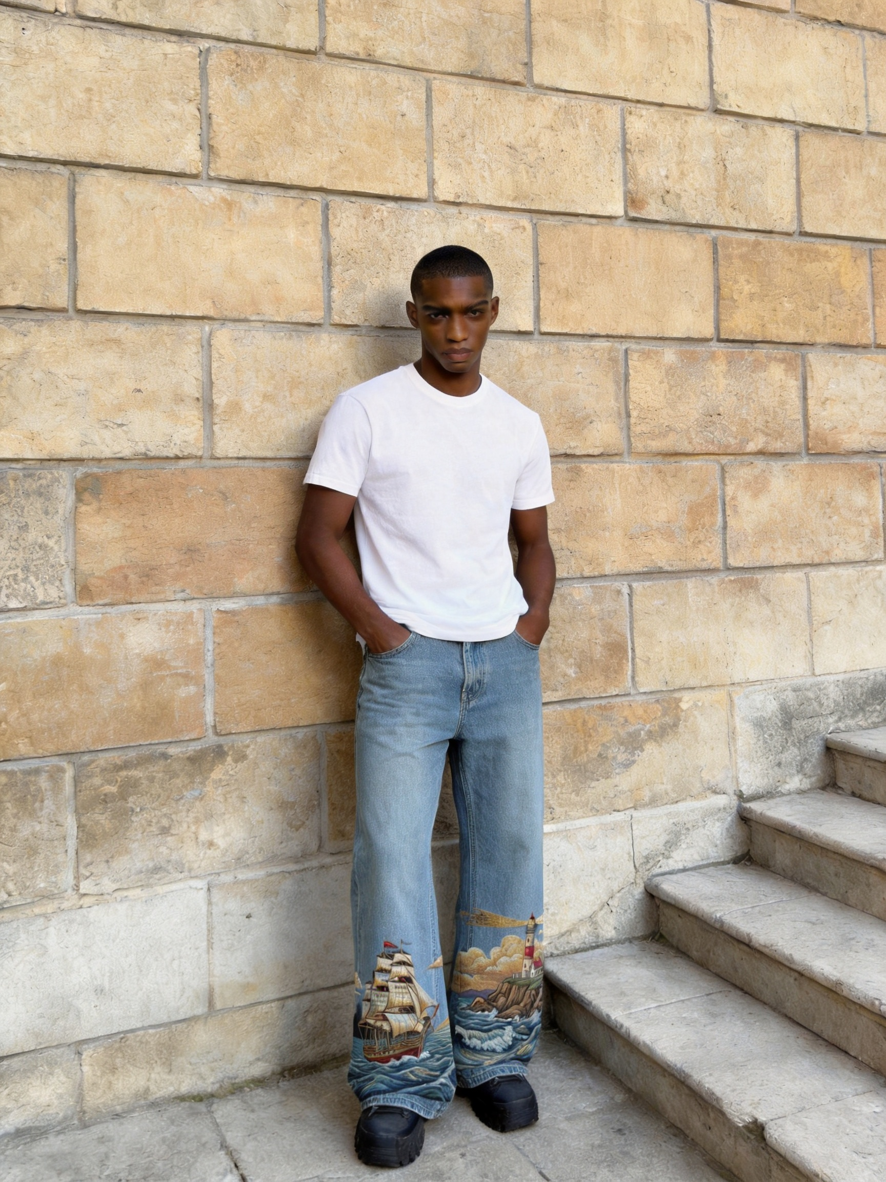 Boat & Pharos Embroidery Denim