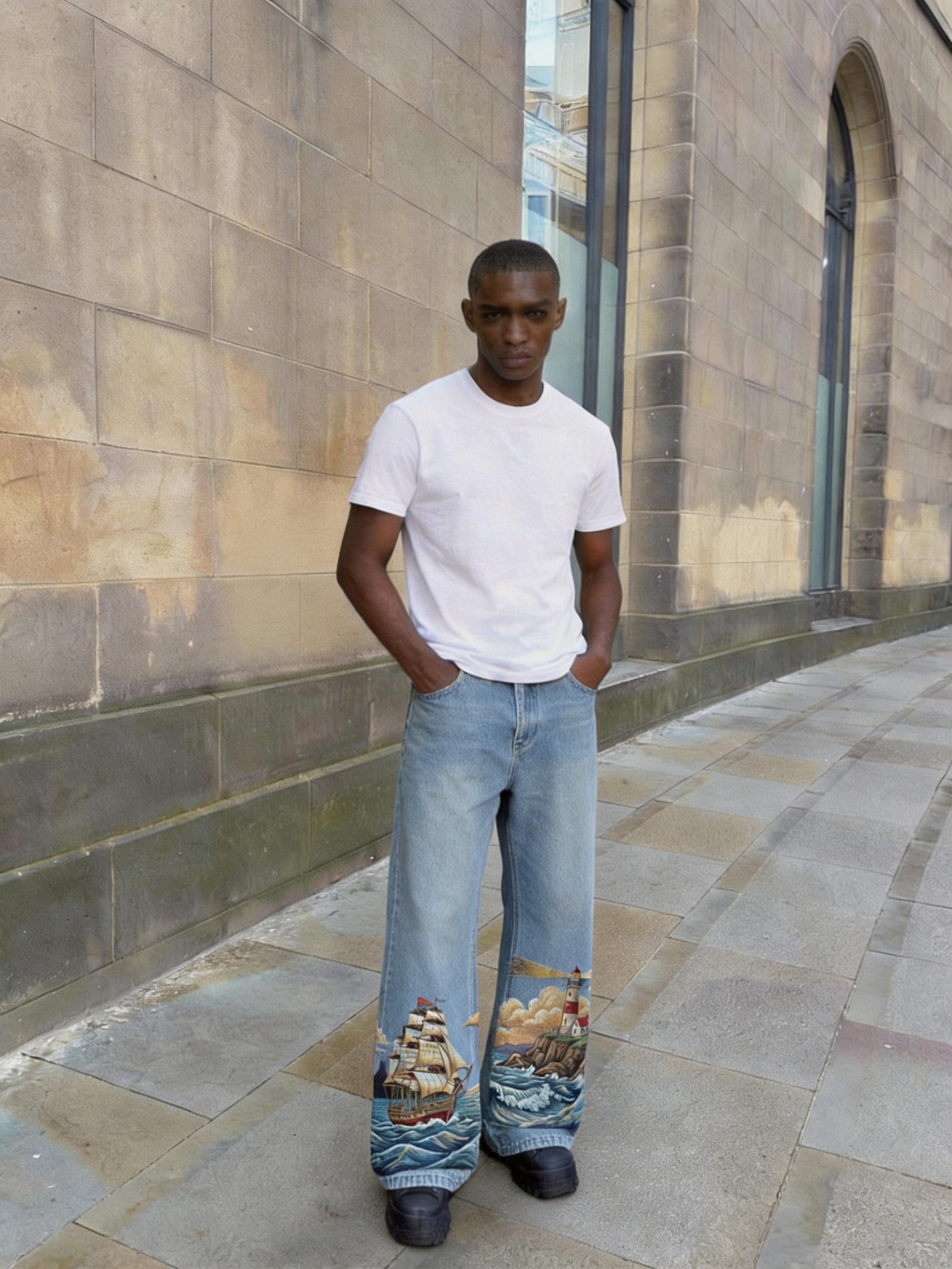 Boat & Pharos Embroidery Denim