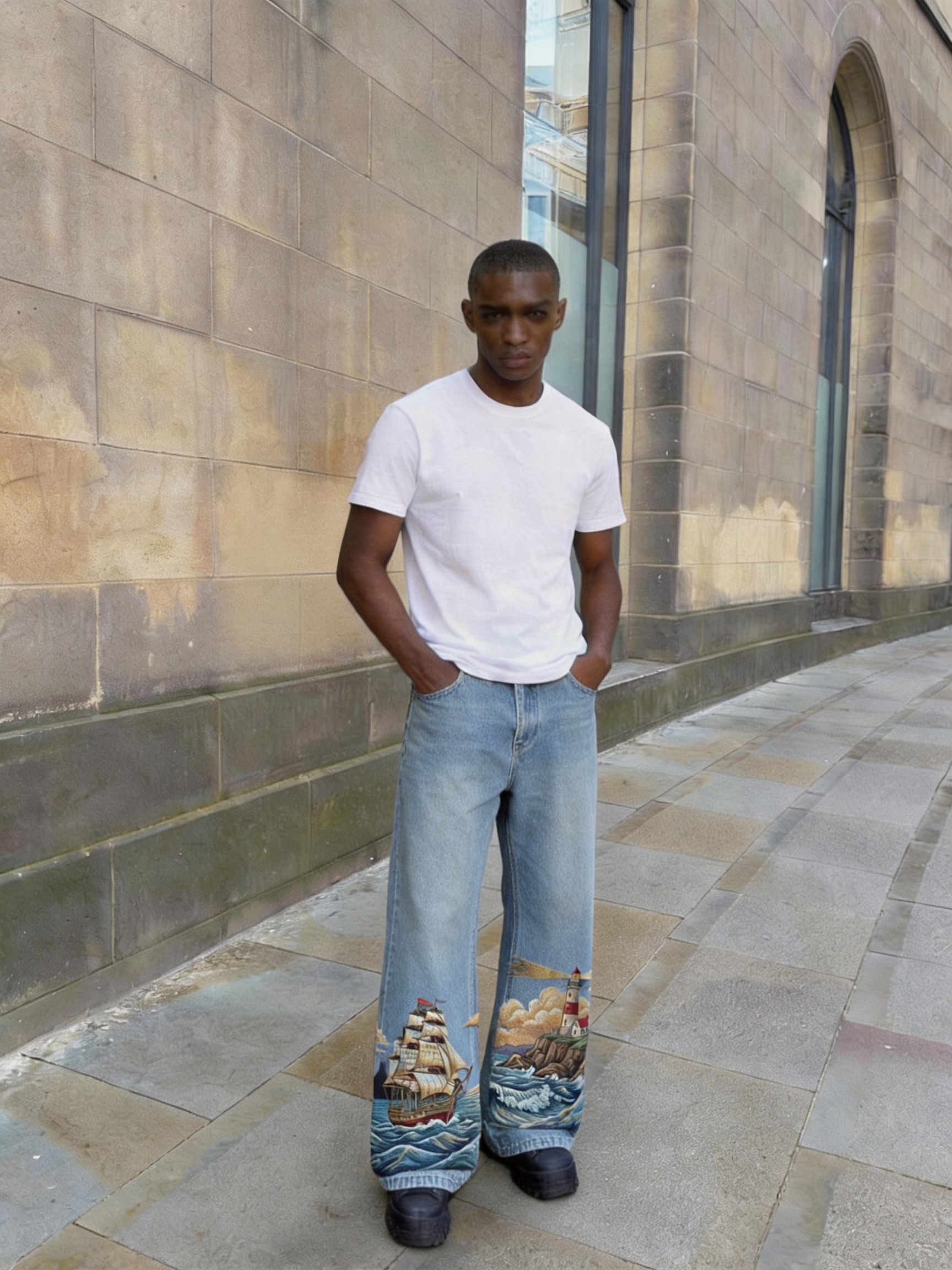 Boat & Pharos Embroidery Denim