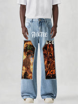 Portgas D. Ace flame Print Patches Denim