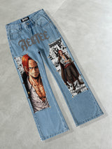 Comics One Piece Red Hair Shanks Patches Jeans