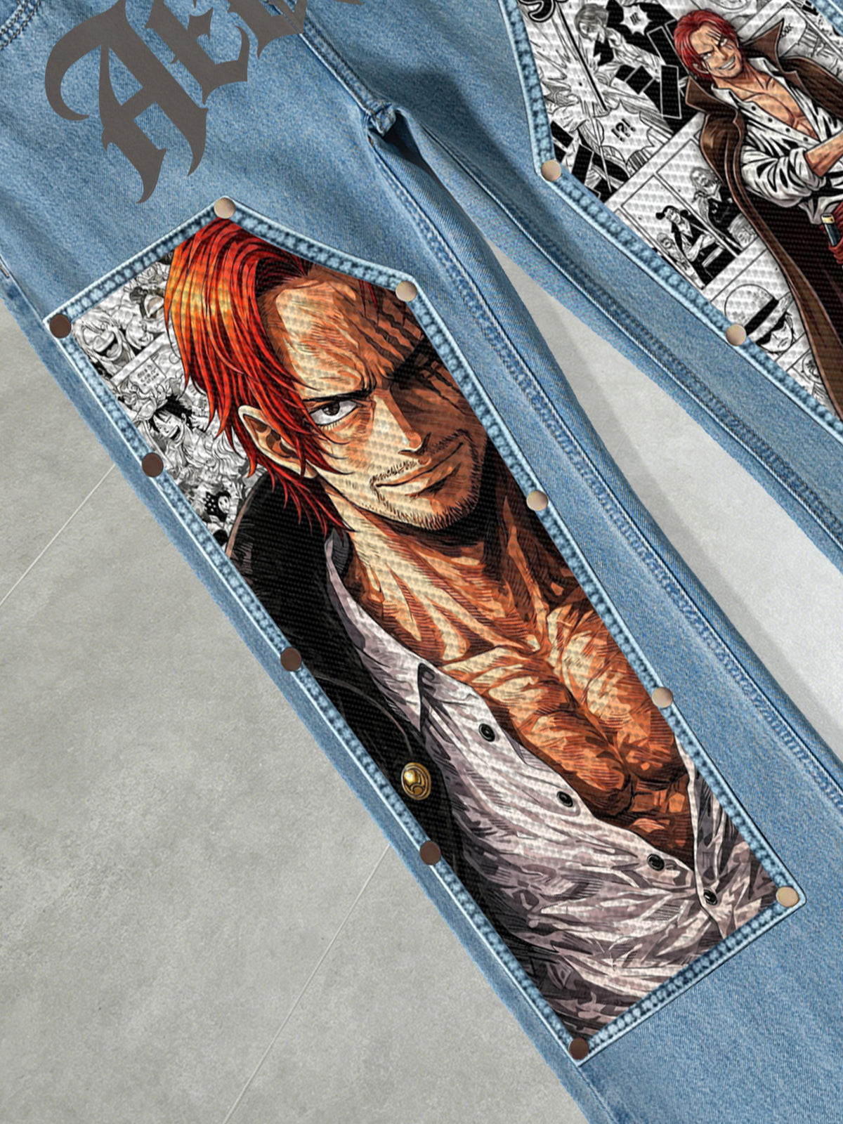 Comics One Piece Red Hair Shanks Patches Jeans