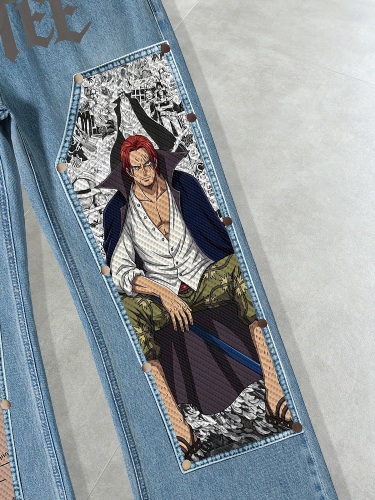 One Piece Shanks Detachable Patch Flare Jeans